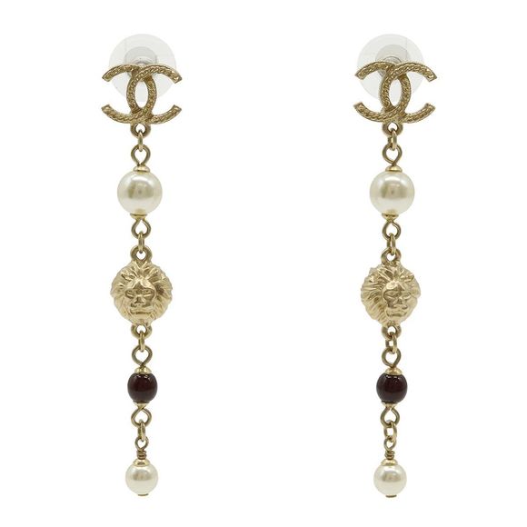 Chanel Coco Mark Pearl Lion Head Swing Earrings GP Faux Pearl Gold A18 A - Picture 1 of 6